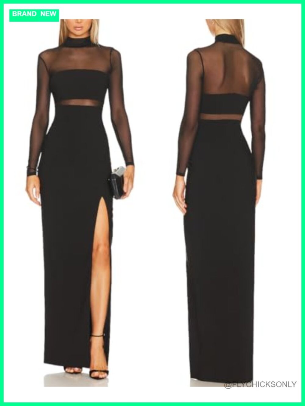 Lace Mesh Long Sleeve Turtleneck Bodycon Maxi Dress Side Slit